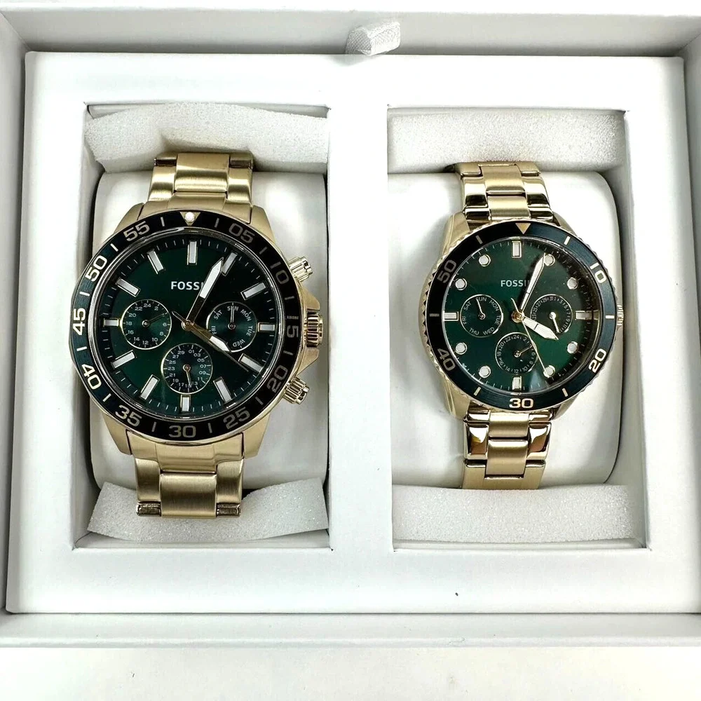Fossil Golden Green Chronograph Stainless Steel Couples Watch Set BQM2754SET